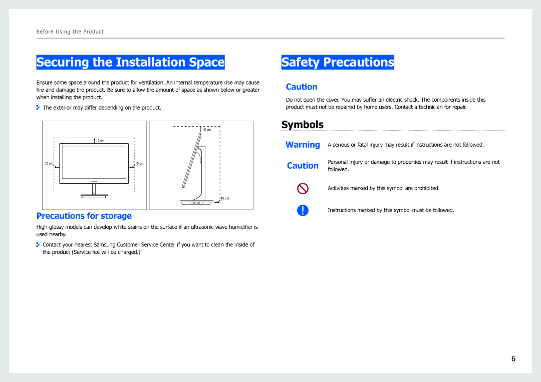 Samsung LS27B971DS/EN, LS27B970DS/EN Securing the Installation Space, Safety Precautions, Symbols, Precautions for storage 