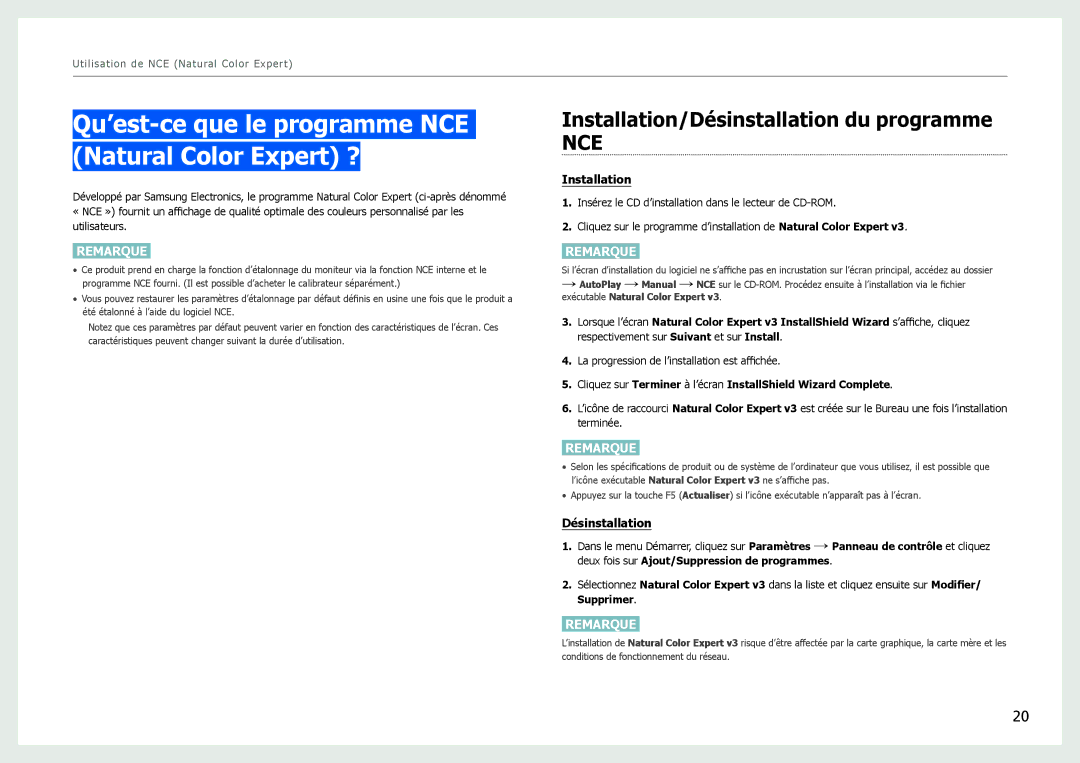 Samsung LS27B971DS/EN Qu’est-ce que le programme NCE Natural Color Expert ?, Installation/Désinstallation du programme 