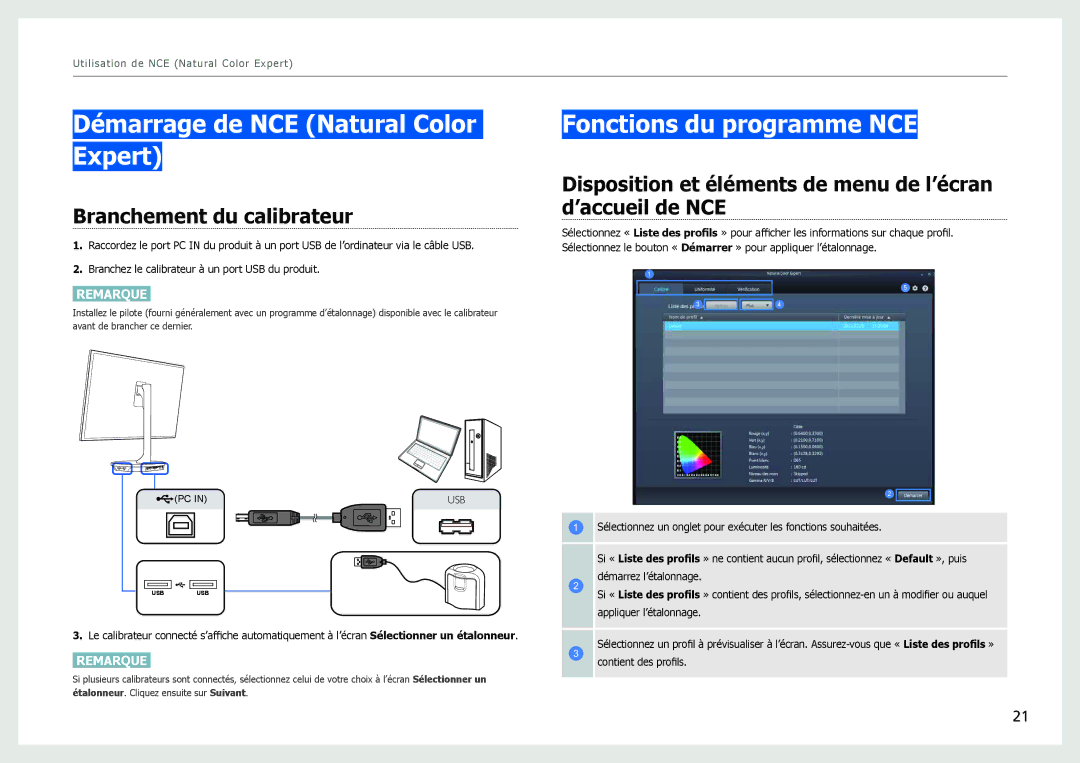 Samsung LS27B970DS/EN manual Démarrage de NCE Natural Color Expert, Fonctions du programme NCE, Branchement du calibrateur 