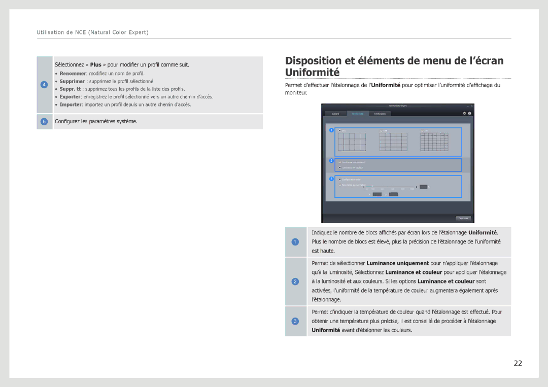 Samsung LS27B971DS/EN, LS27B970DS/EN manual Disposition et éléments de menu de l’écran Uniformité 