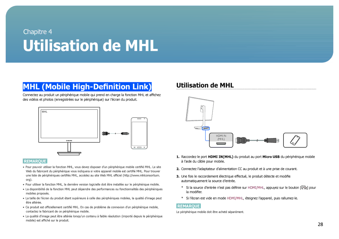 Samsung LS27B971DS/EN, LS27B970DS/EN manual MHL Mobile High-Definition Link, Utilisation de MHL 