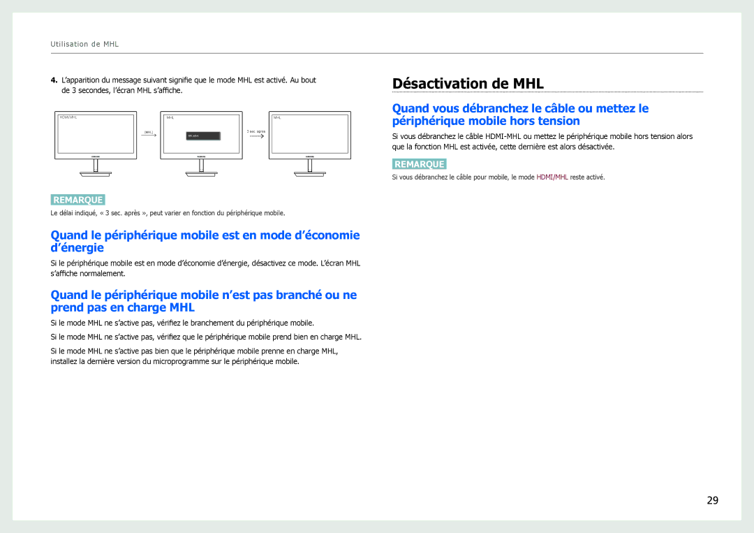 Samsung LS27B970DS/EN, LS27B971DS/EN manual Désactivation de MHL, Utilisation de MHL 