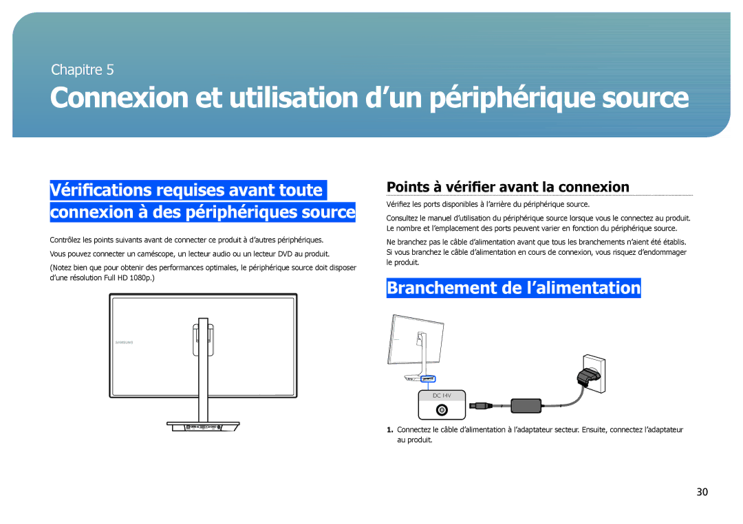 Samsung LS27B971DS/EN, LS27B970DS/EN manual Branchement de l’alimentation, Points à vérifier avant la connexion 