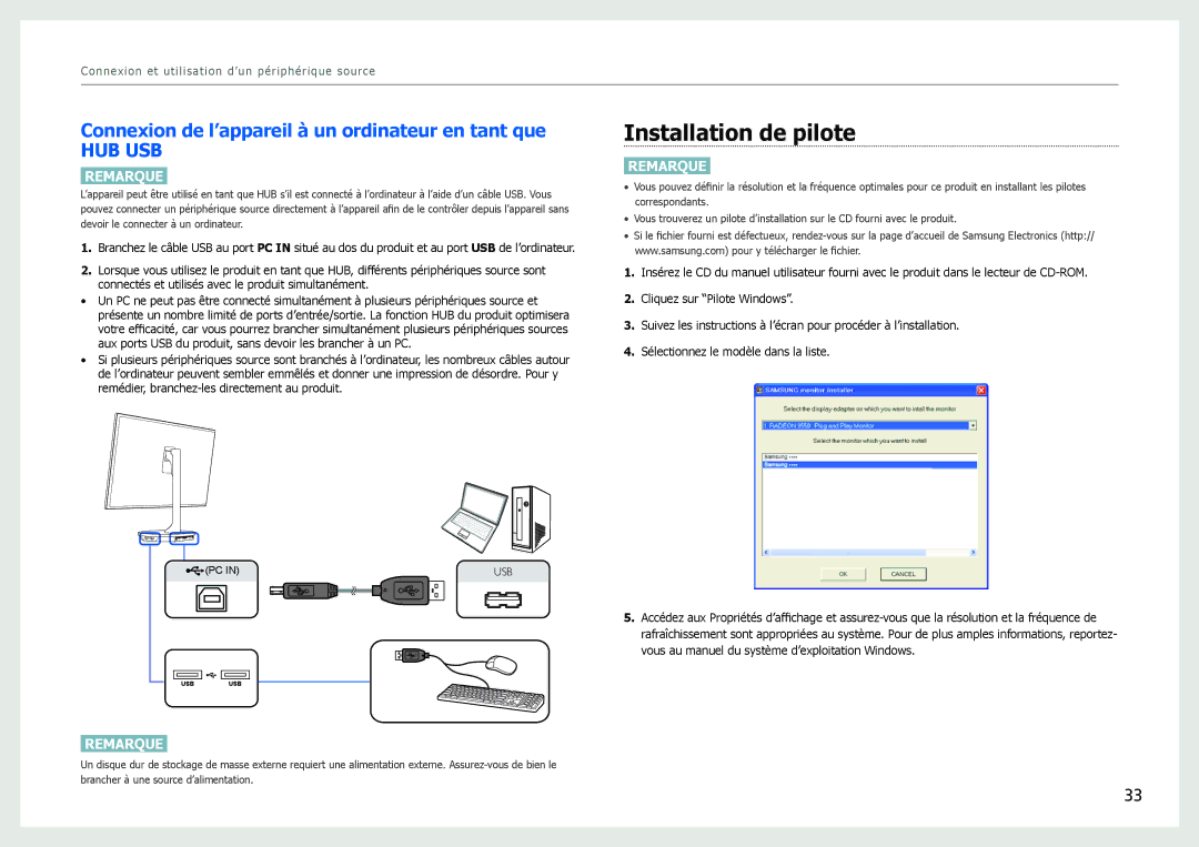 Samsung LS27B970DS/EN, LS27B971DS/EN manual Installation de pilote, Connexion de l’appareil à un ordinateur en tant que 