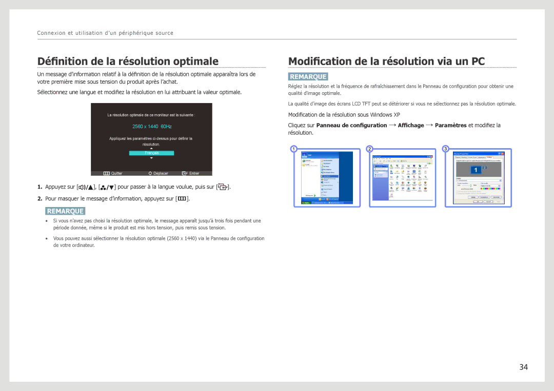 Samsung LS27B971DS/EN, LS27B970DS/EN manual Définition de la résolution optimale, Modification de la résolution via un PC 