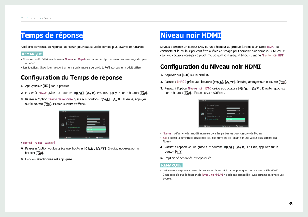 Samsung LS27B970DS/EN, LS27B971DS/EN manual Configuration du Temps de réponse, Configuration du Niveau noir Hdmi 