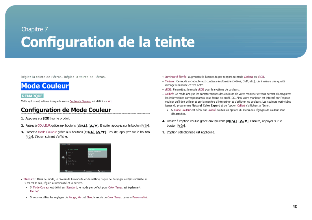 Samsung LS27B971DS/EN, LS27B970DS/EN manual Configuration de Mode Couleur 