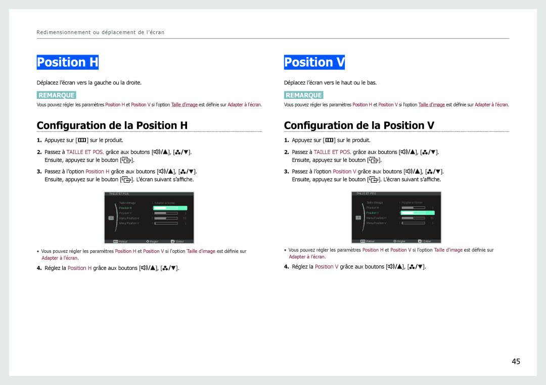 Samsung LS27B970DS/EN, LS27B971DS/EN manual Configuration de la Position H 