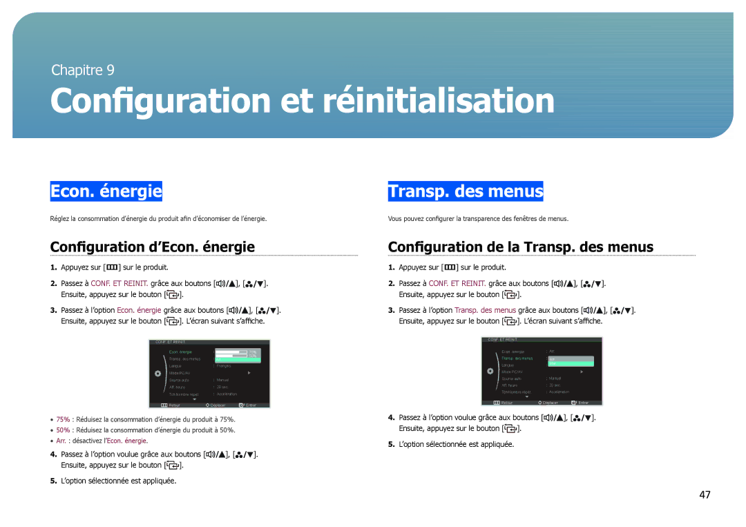 Samsung LS27B970DS/EN, LS27B971DS/EN manual Configuration et réinitialisation, Configuration d’Econ. énergie 