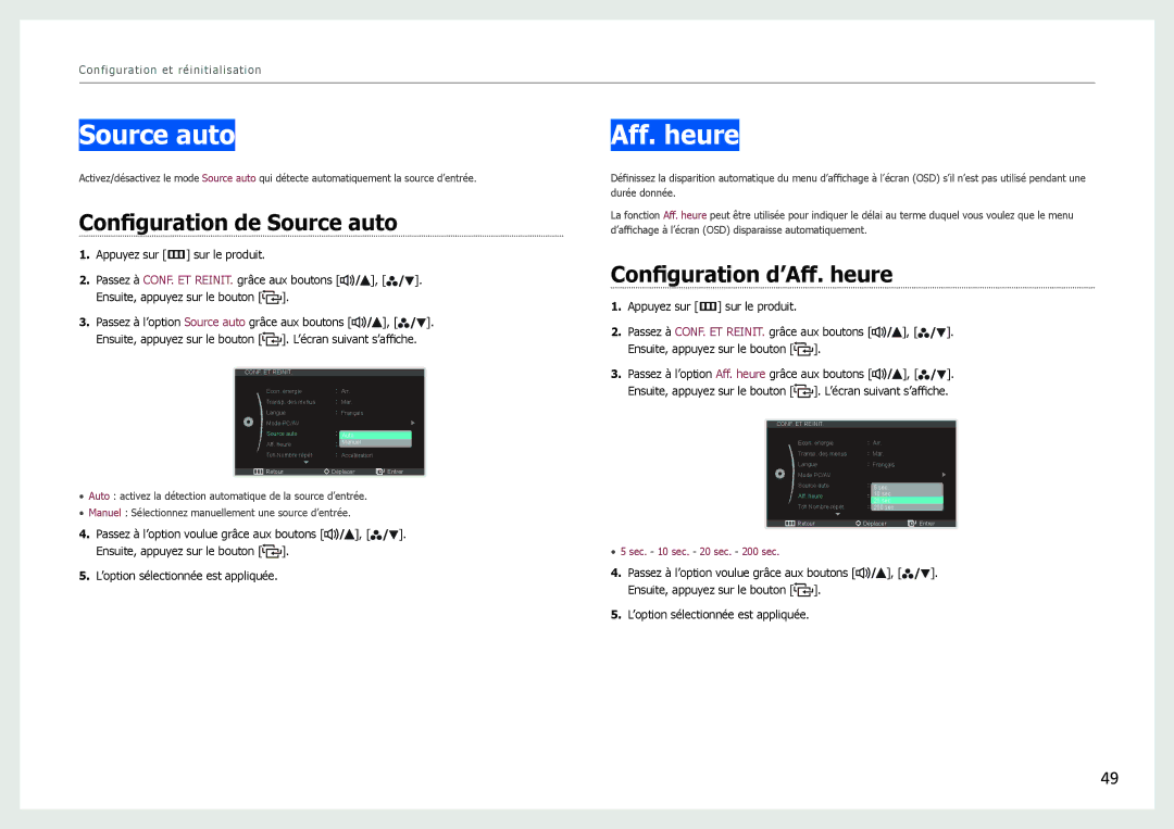 Samsung LS27B970DS/EN, LS27B971DS/EN manual Configuration de Source auto, Configuration d’Aff. heure 