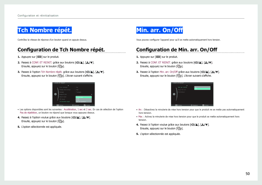 Samsung LS27B971DS/EN, LS27B970DS/EN manual Configuration de Tch Nombre répét, Configuration de Min. arr. On/Off 