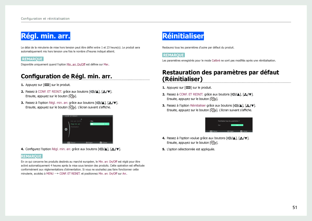 Samsung LS27B970DS/EN, LS27B971DS/EN manual Réinitialiser, Configuration de Régl. min. arr 