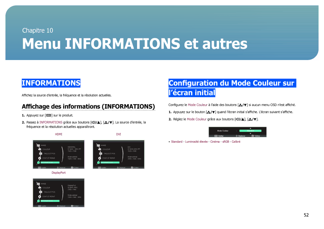 Samsung LS27B971DS/EN, LS27B970DS/EN manual Menu Informations et autres, Configuration du Mode Couleur sur l’écran initial 