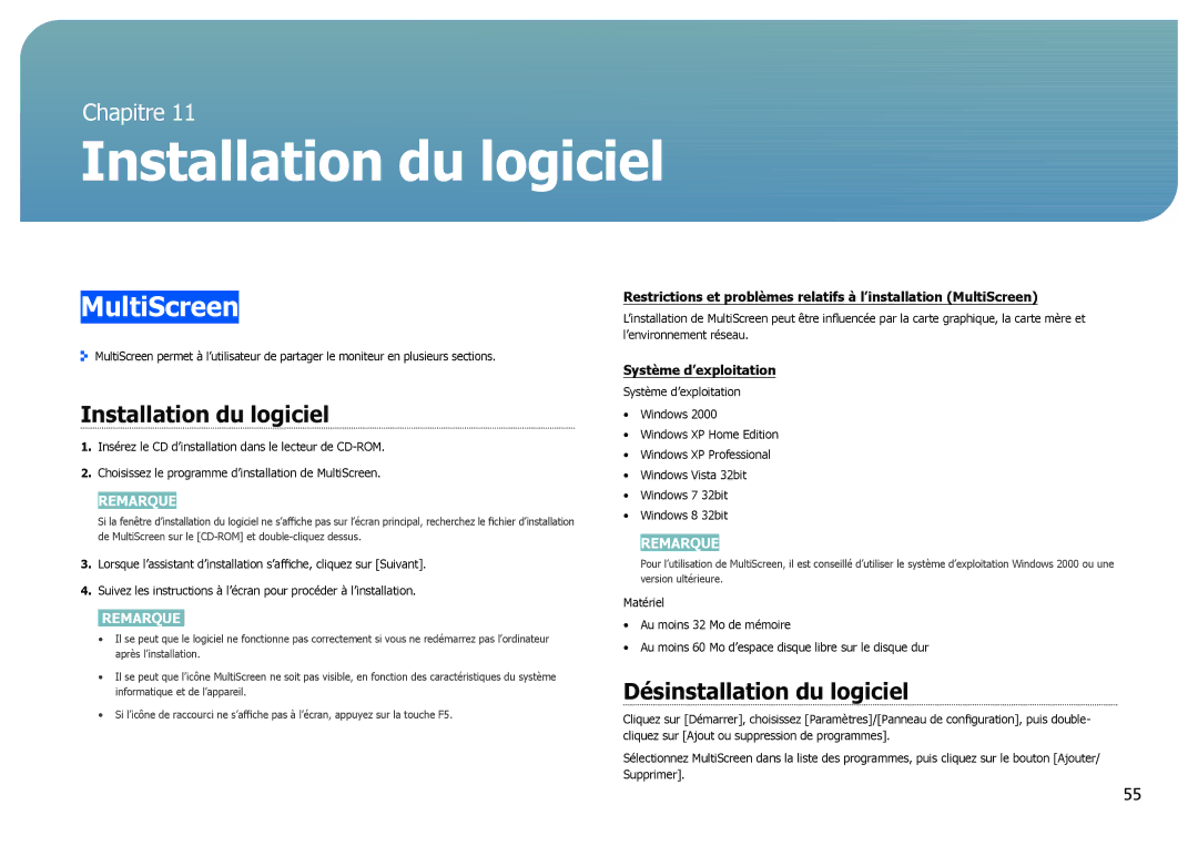 Samsung LS27B970DS/EN, LS27B971DS/EN manual Installation du logiciel, MultiScreen, Désinstallation du logiciel 