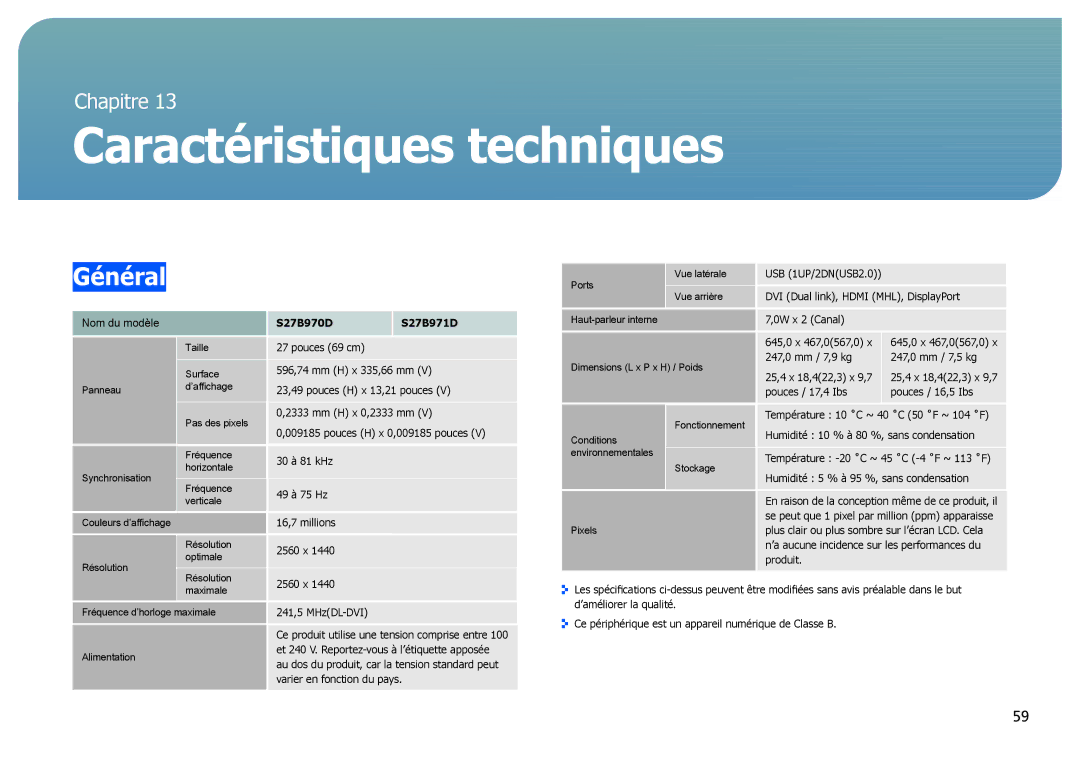 Samsung LS27B970DS/EN, LS27B971DS/EN manual Caractéristiques techniques, Général 