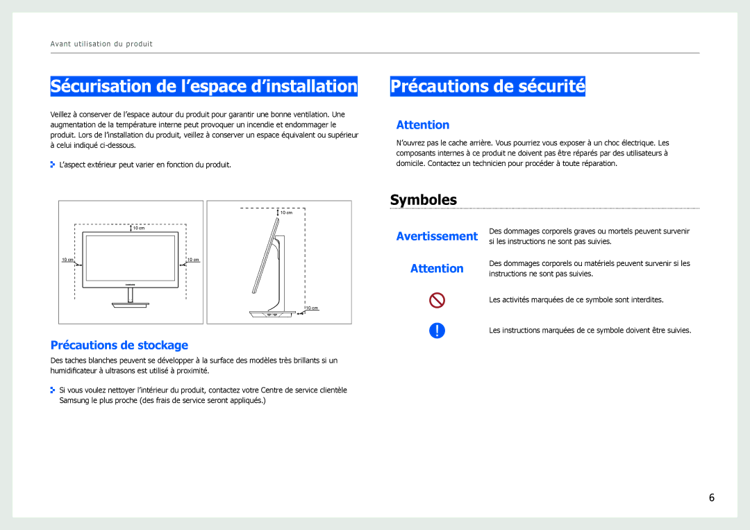 Samsung LS27B971DS/EN manual Sécurisation de l’espace d’installation, Précautions de sécurité, Symboles, Avertissement 