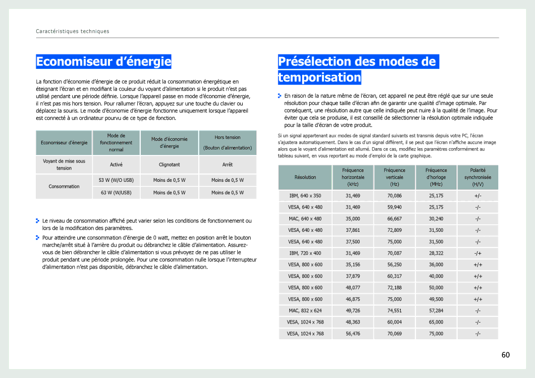 Samsung LS27B971DS/EN, LS27B970DS/EN manual Economiseur d’énergie, Présélection des modes de temporisation 