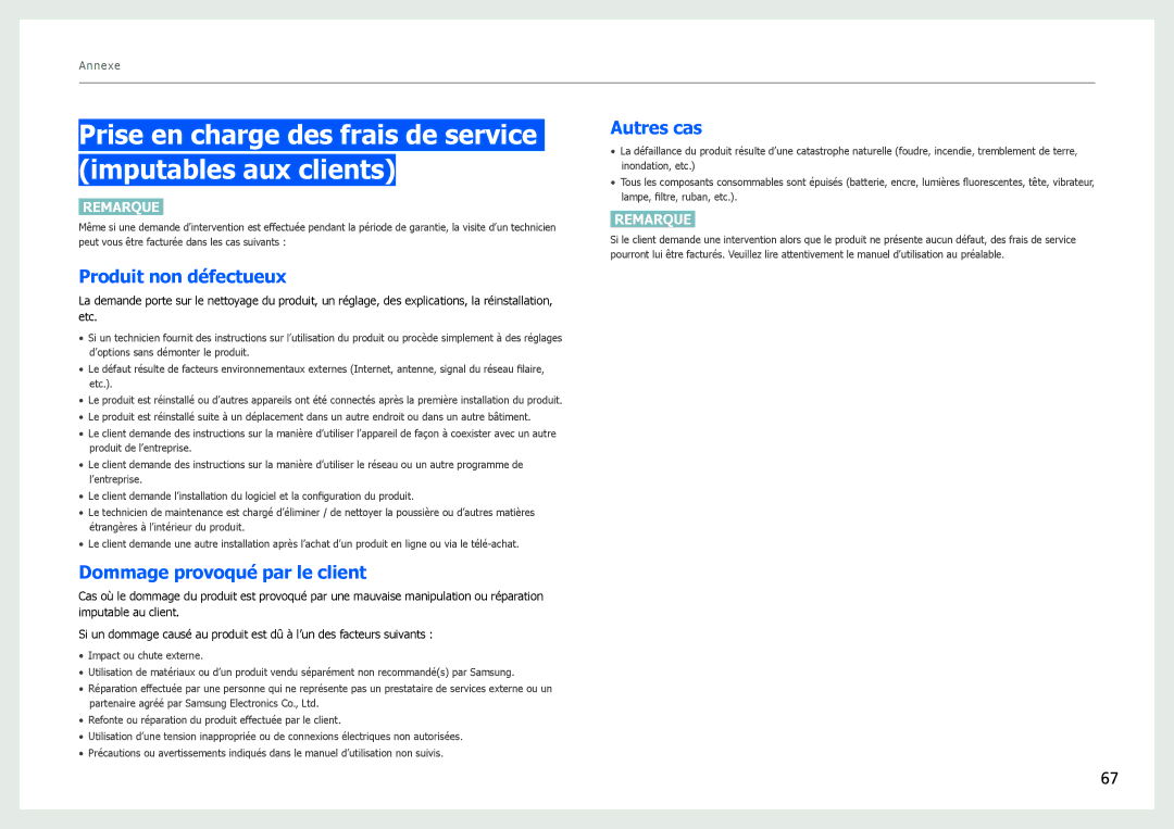 Samsung LS27B970DS/EN Prise en charge des frais de service imputables aux clients, Produit non défectueux, Autres cas 