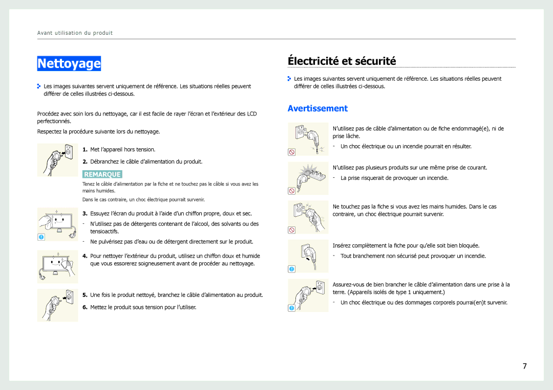 Samsung LS27B970DS/EN, LS27B971DS/EN manual Nettoyage, Électricité et sécurité 