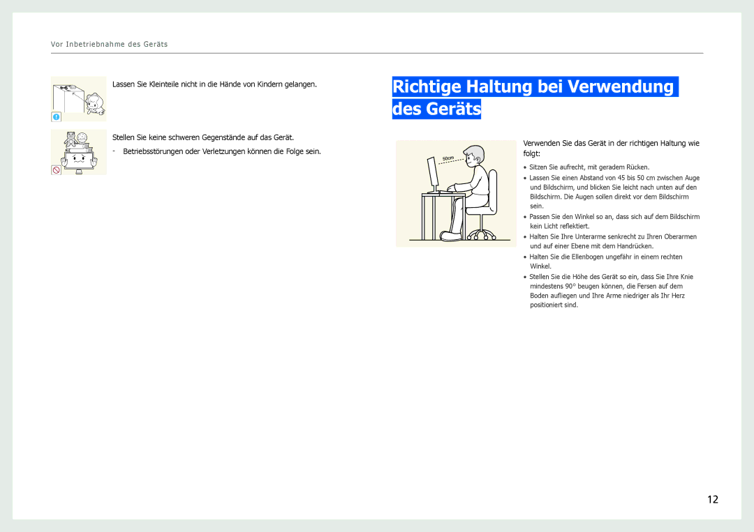 Samsung LS27B971DS/EN, LS27B970DS/EN manual Richtige Haltung bei Verwendung des Geräts 