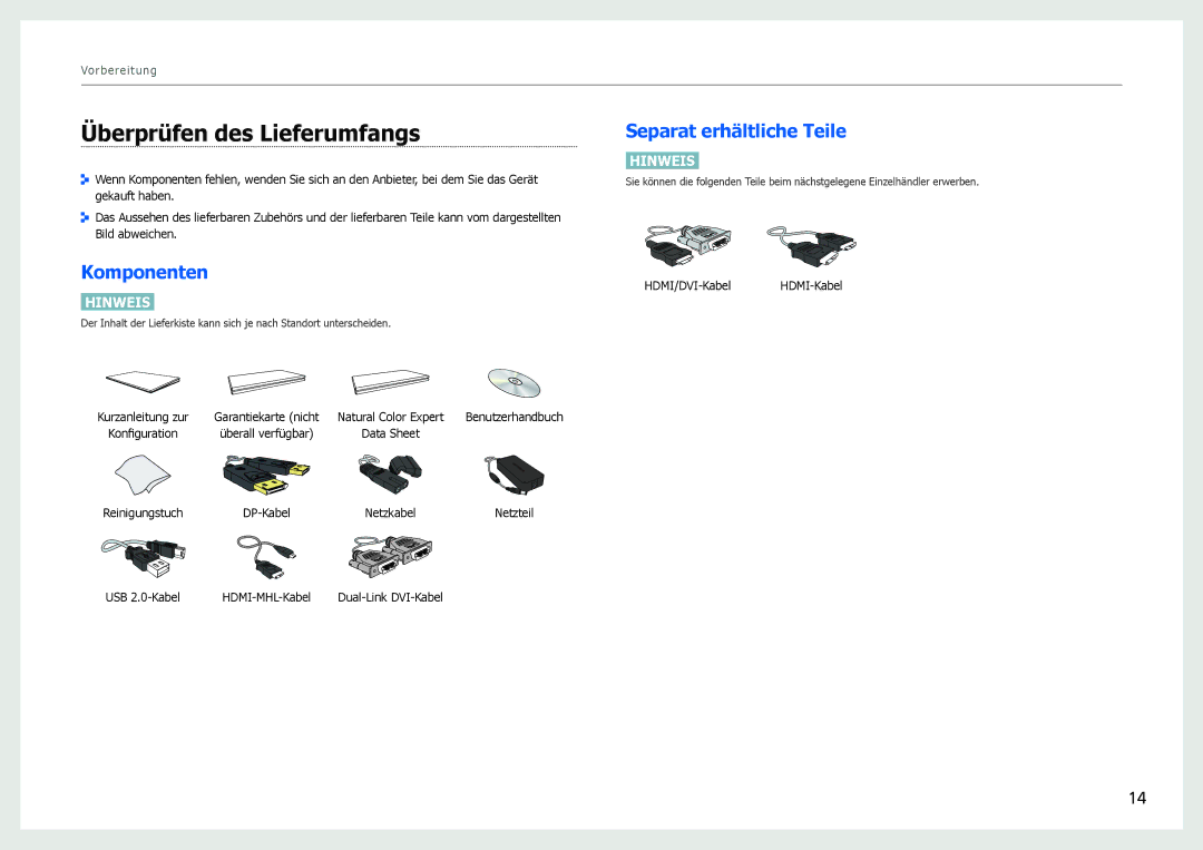 Samsung LS27B971DS/EN, LS27B970DS/EN manual Überprüfen des Lieferumfangs, Komponenten, Separat erhältliche Teile 