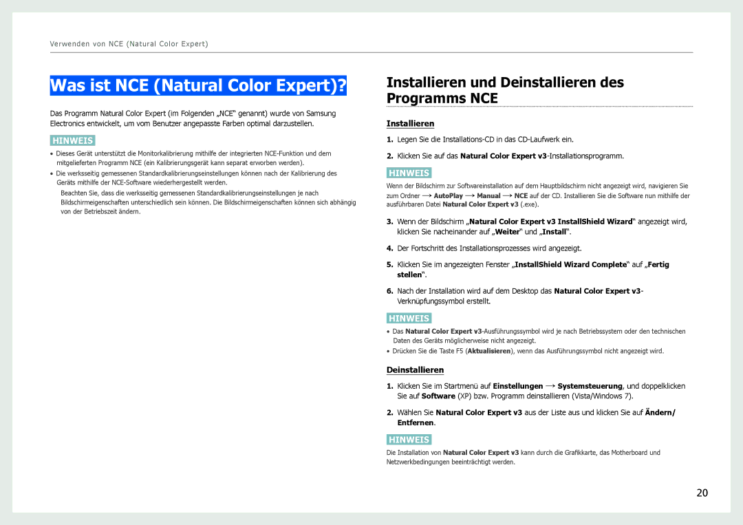 Samsung LS27B971DS/EN, LS27B970DS/EN Was ist NCE Natural Color Expert?, Installieren und Deinstallieren des Programms NCE 