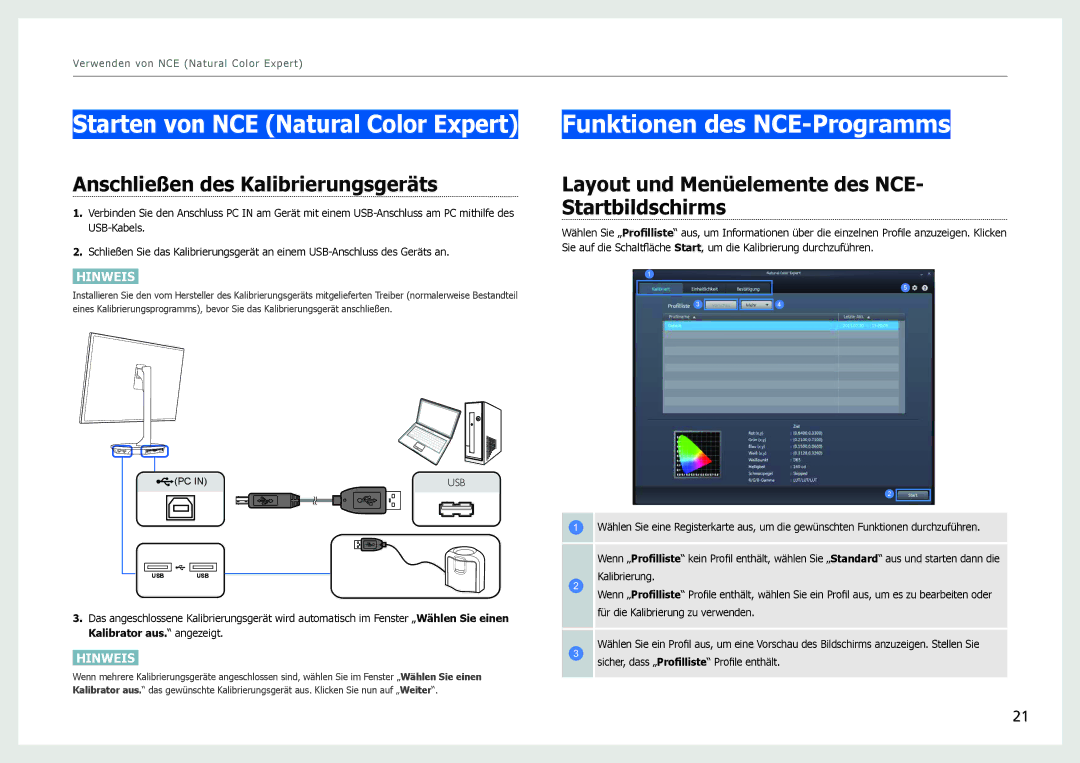 Samsung LS27B970DS/EN, LS27B971DS/EN manual Starten von NCE Natural Color Expert, Funktionen des NCE-Programms 