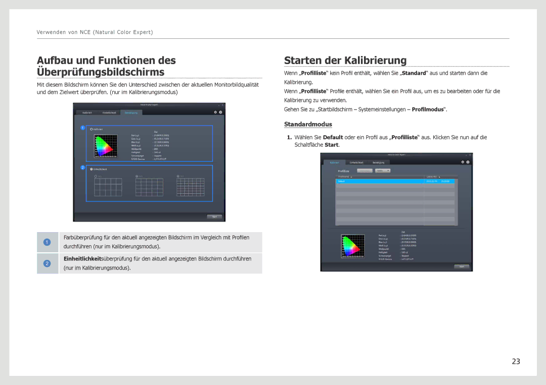 Samsung LS27B970DS/EN, LS27B971DS/EN manual Aufbau und Funktionen des Überprüfungsbildschirms, Starten der Kalibrierung 