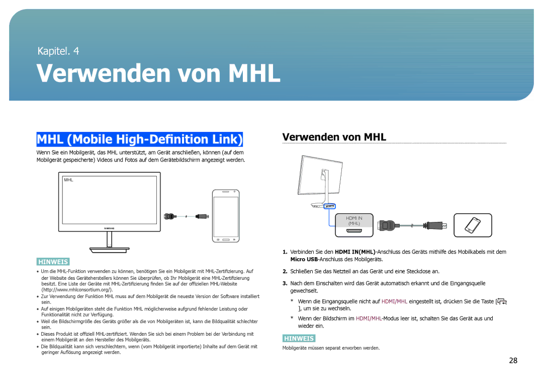 Samsung LS27B971DS/EN, LS27B970DS/EN manual MHL Mobile High-Definition Link, Verwenden von MHL 