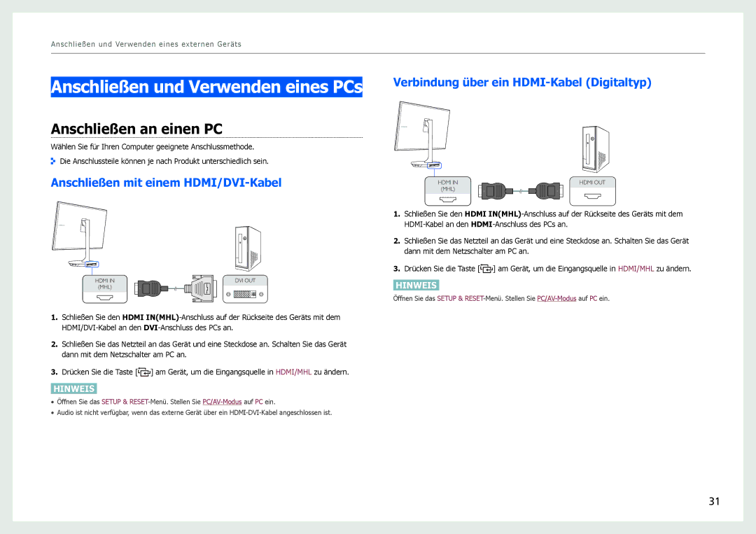 Samsung LS27B970DS/EN Anschließen und Verwenden eines PCs, Anschließen an einen PC, Anschließen mit einem HDMI/DVI-Kabel 