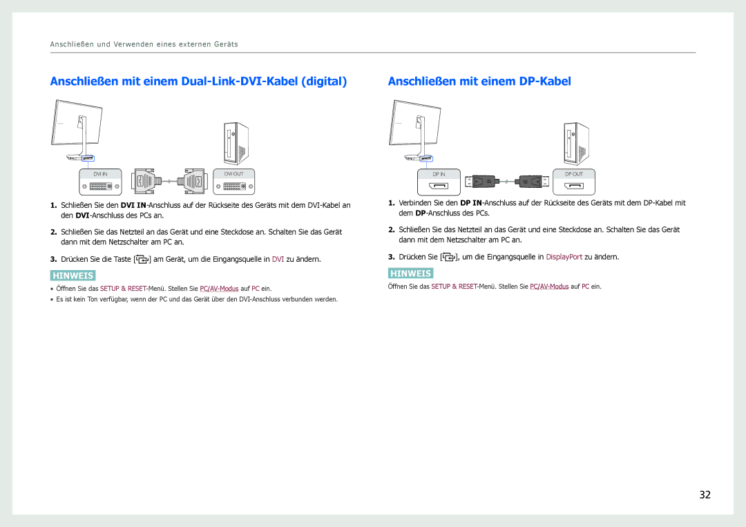 Samsung LS27B971DS/EN, LS27B970DS/EN Anschließen mit einem Dual-Link-DVI-Kabel digital, Anschließen mit einem DP-Kabel 