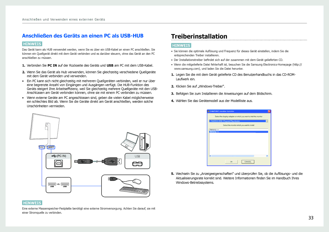 Samsung LS27B970DS/EN, LS27B971DS/EN manual Treiberinstallation, Anschließen des Geräts an einen PC als USB-HUB 