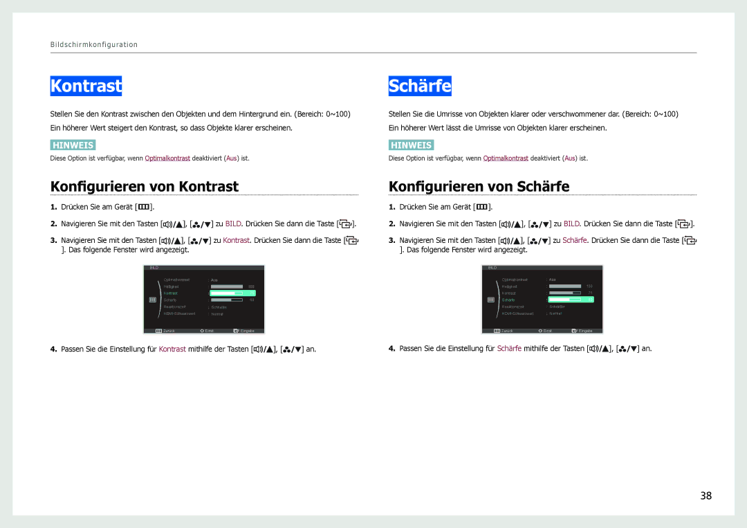 Samsung LS27B971DS/EN, LS27B970DS/EN manual Konfigurieren von Kontrast, Konfigurieren von Schärfe 