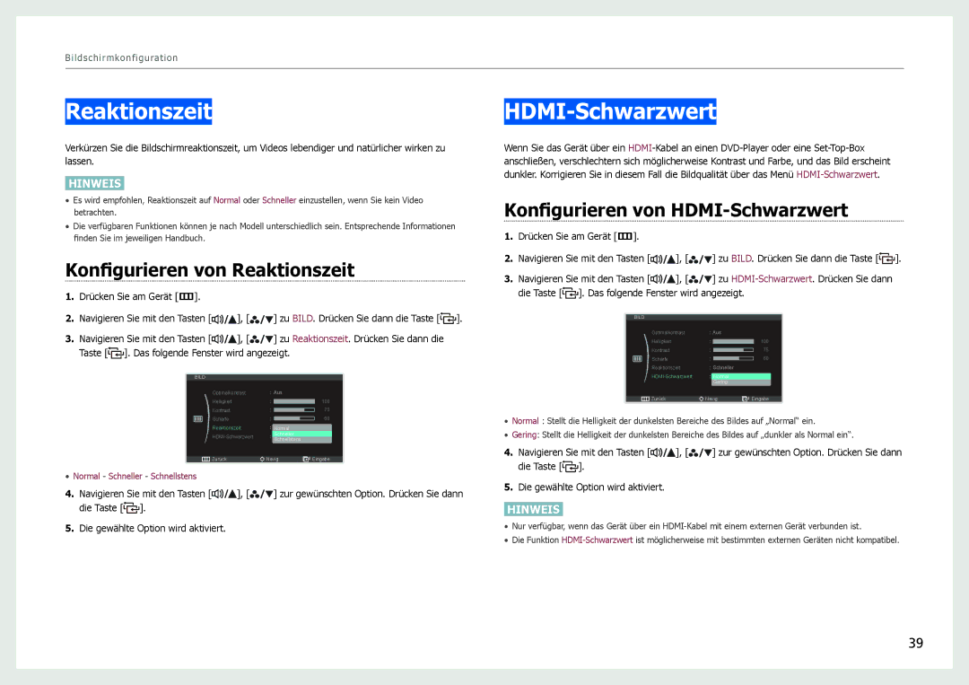 Samsung LS27B970DS/EN, LS27B971DS/EN manual Konfigurieren von Reaktionszeit, Konfigurieren von HDMI-Schwarzwert 