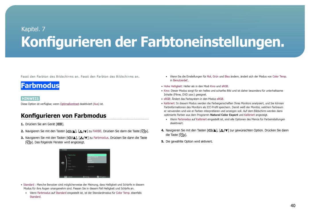 Samsung LS27B971DS/EN, LS27B970DS/EN manual Konfigurieren der Farbtoneinstellungen, Konfigurieren von Farbmodus 