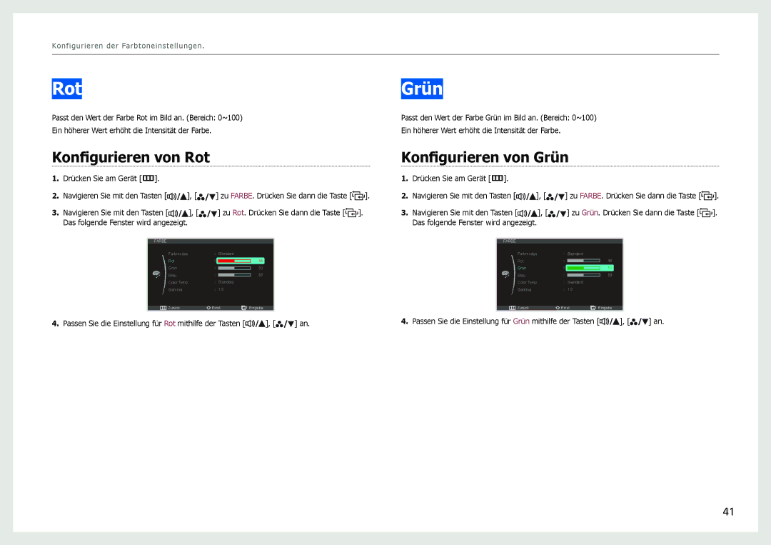 Samsung LS27B970DS/EN, LS27B971DS/EN manual Konfigurieren von Rot, Konfigurieren von Grün 