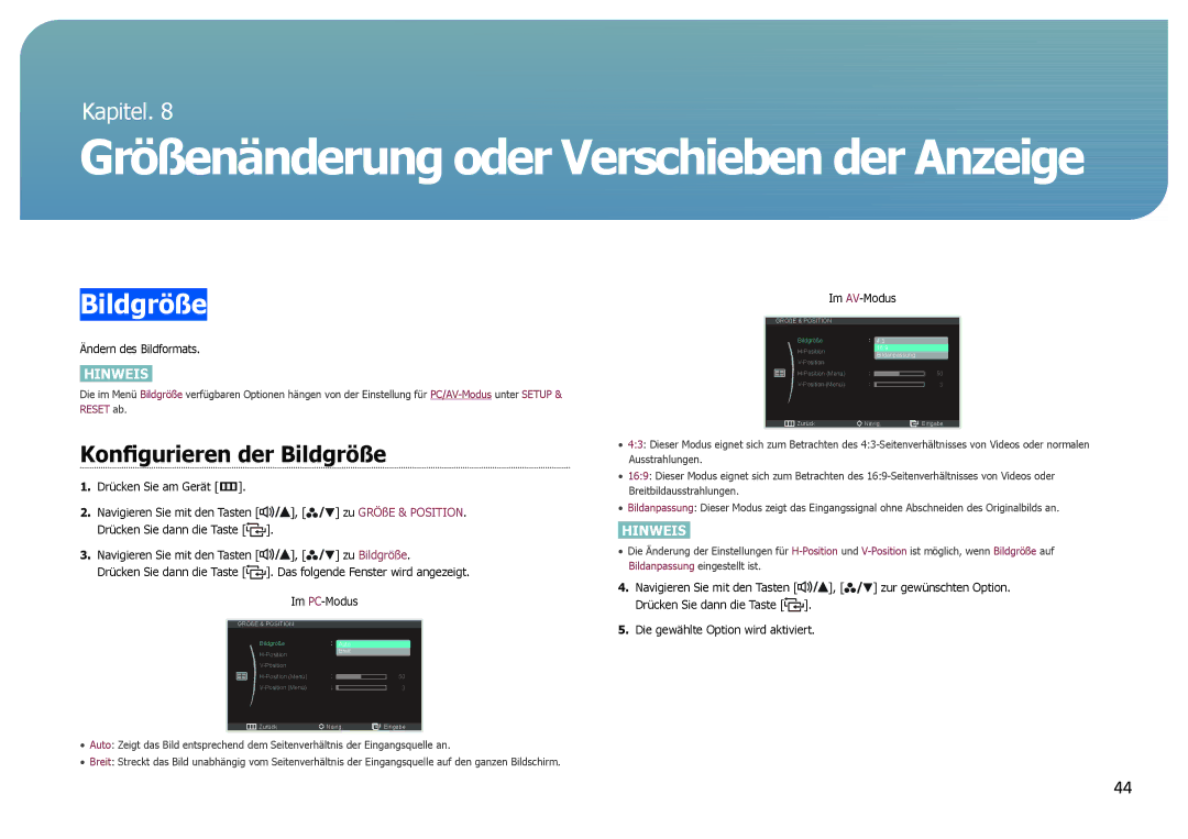 Samsung LS27B971DS/EN, LS27B970DS/EN manual Konfigurieren der Bildgröße 