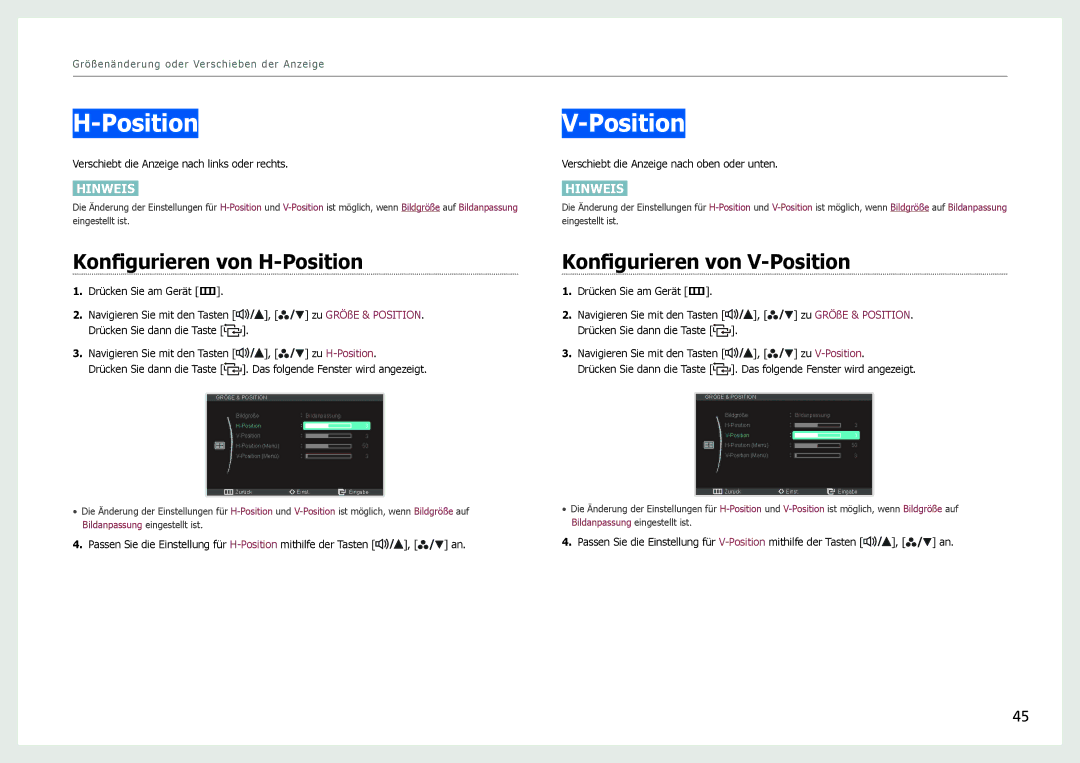 Samsung LS27B970DS/EN, LS27B971DS/EN manual Konfigurieren von H-Position, Konfigurieren von V-Position 