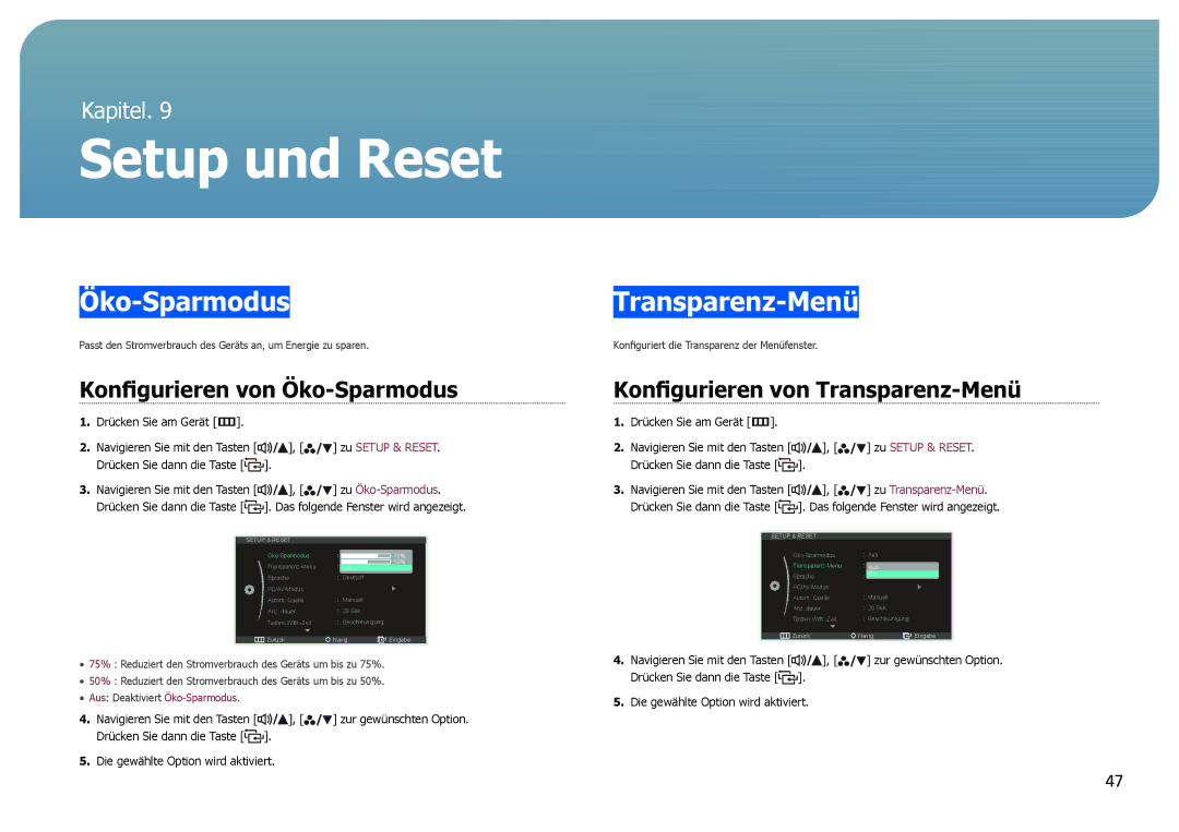 Samsung LS27B970DS/EN, LS27B971DS/EN manual Setup und Reset, Transparenz-Menü, Konfigurieren von Öko-Sparmodus 