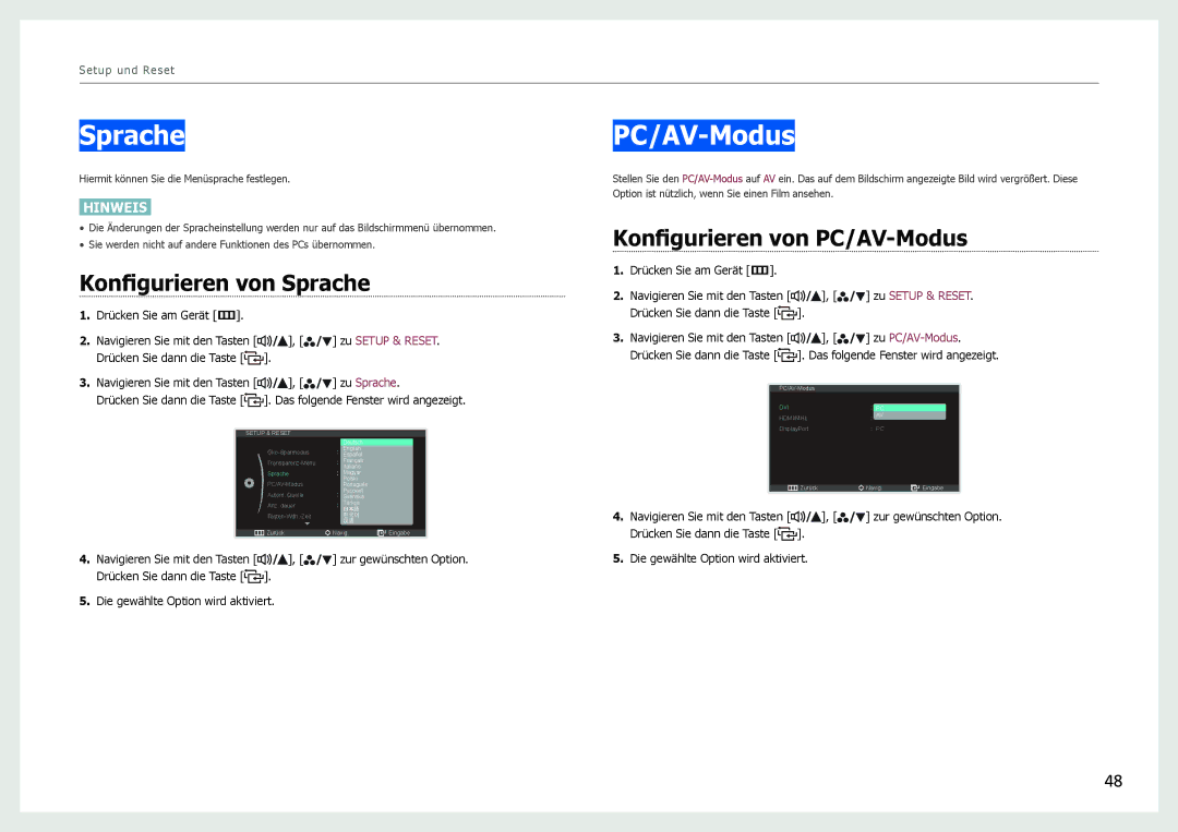 Samsung LS27B971DS/EN, LS27B970DS/EN manual Konfigurieren von Sprache, Konfigurieren von PC/AV-Modus 