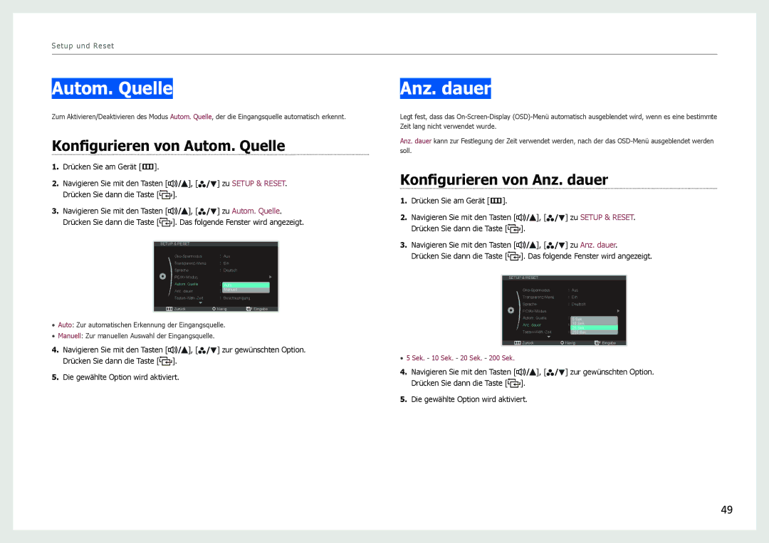 Samsung LS27B970DS/EN, LS27B971DS/EN manual Konfigurieren von Autom. Quelle, Konfigurieren von Anz. dauer 