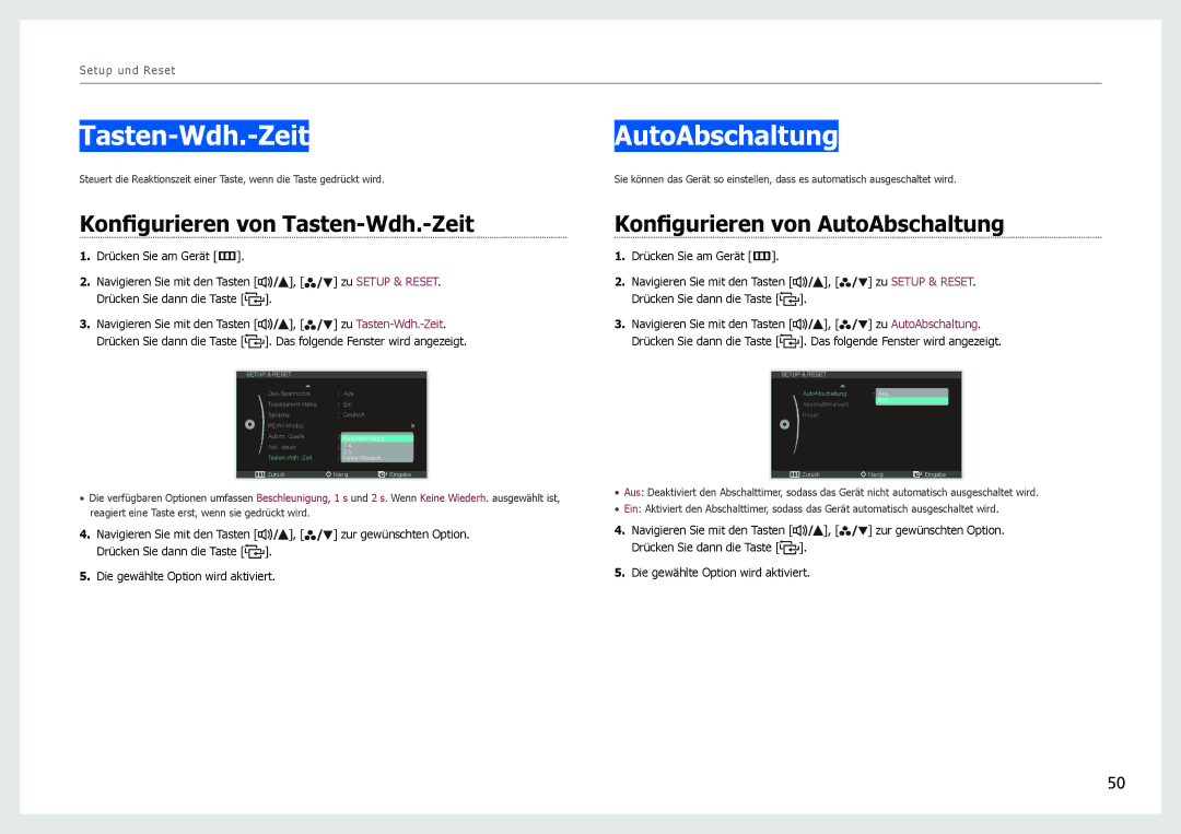 Samsung LS27B971DS/EN, LS27B970DS/EN manual Konfigurieren von Tasten-Wdh.-Zeit, Konfigurieren von AutoAbschaltung 