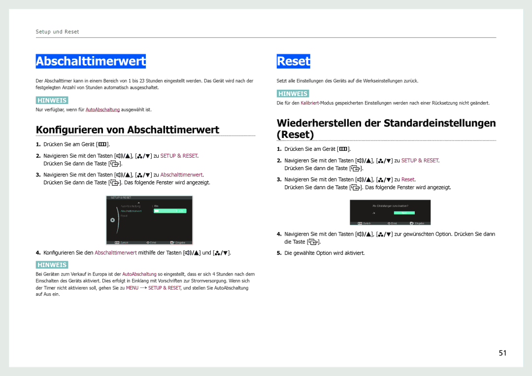 Samsung LS27B970DS/EN manual Konfigurieren von Abschalttimerwert, Wiederherstellen der Standardeinstellungen Reset 