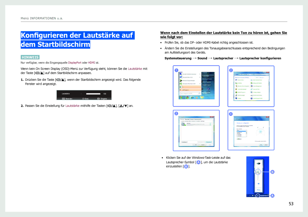 Samsung LS27B970DS/EN, LS27B971DS/EN manual Konfigurieren der Lautstärke auf dem Startbildschirm 