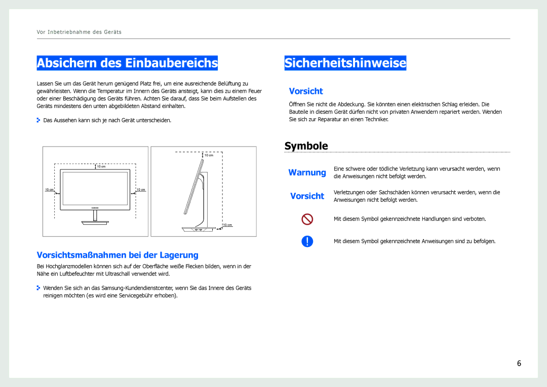 Samsung LS27B971DS/EN, LS27B970DS/EN manual Absichern des Einbaubereichs, Sicherheitshinweise, Symbole 