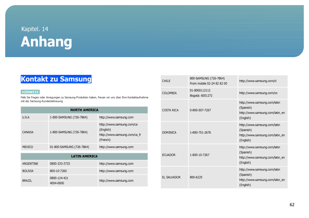 Samsung LS27B971DS/EN, LS27B970DS/EN manual Anhang, Kontakt zu Samsung 