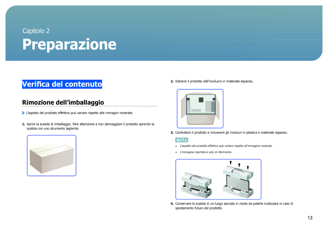 Samsung LS27B970DS/EN, LS27B971DS/EN manual Preparazione, Verifica del contenuto, Rimozione dell’imballaggio 