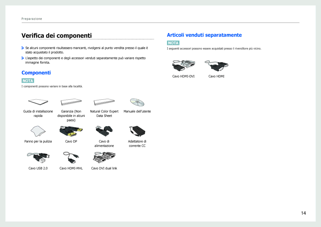 Samsung LS27B971DS/EN, LS27B970DS/EN manual Verifica dei componenti, Componenti, Articoli venduti separatamente 