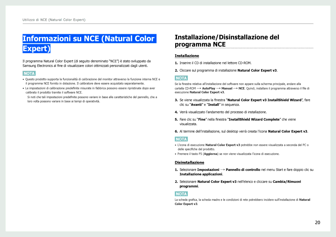 Samsung LS27B971DS/EN manual Informazioni su NCE Natural Color Expert, Installazione/Disinstallazione del programma NCE 