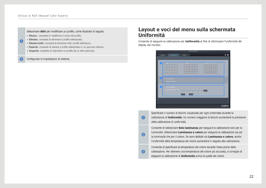 Samsung LS27B971DS/EN, LS27B970DS/EN manual Layout e voci del menu sulla schermata Uniformità 